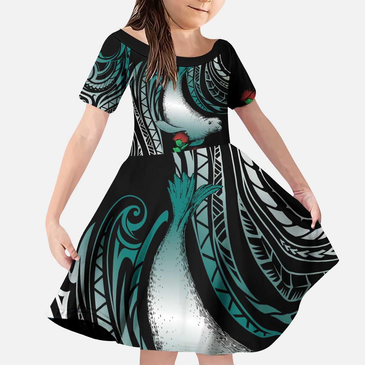 Aloha Hawaii Monk Seal Kid Short Sleeve Dress Mix Ohia Lehua