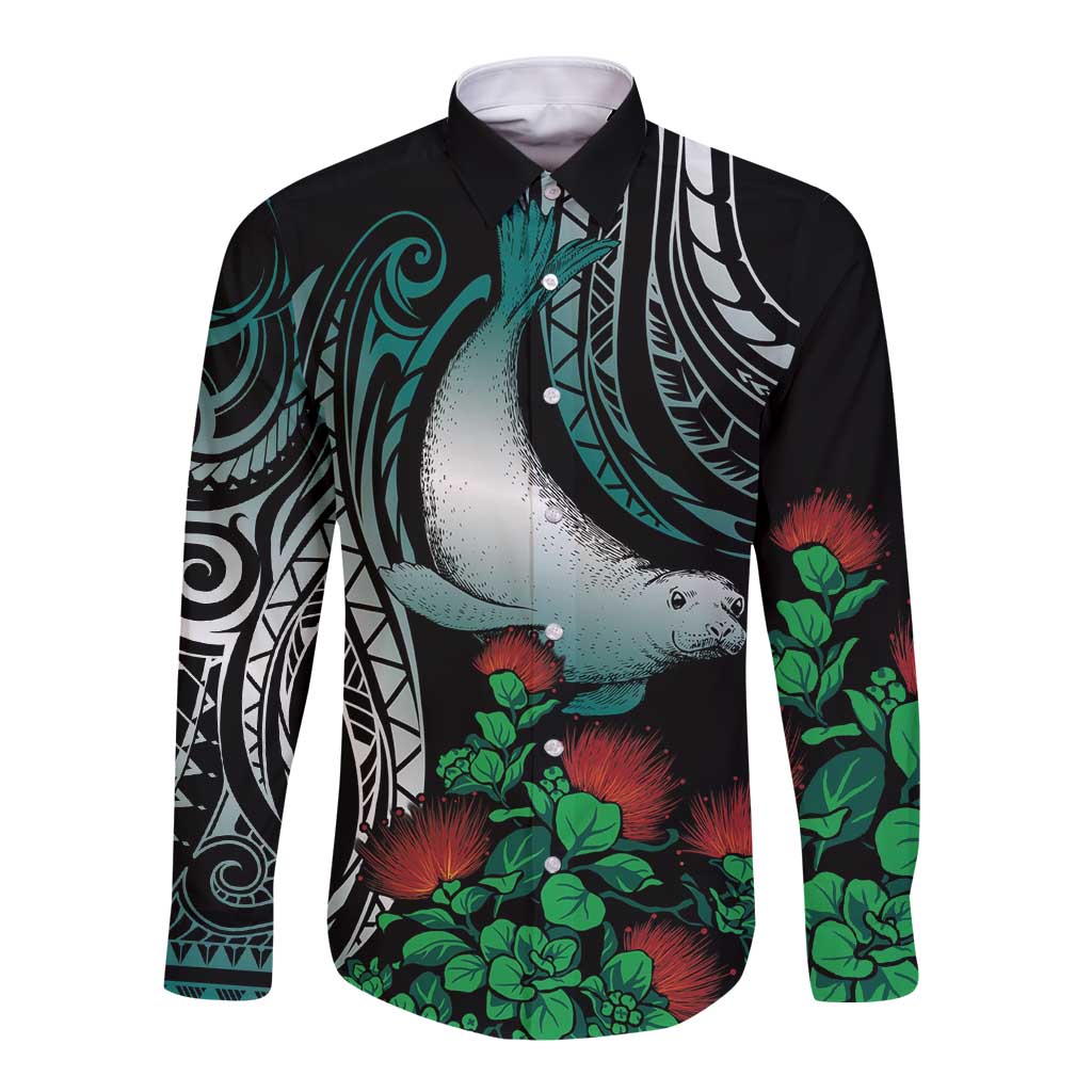 Aloha Hawaii Monk Seal Long Sleeve Button Shirt Mix Ohia Lehua LT7 Unisex Teal - Polynesian Pride