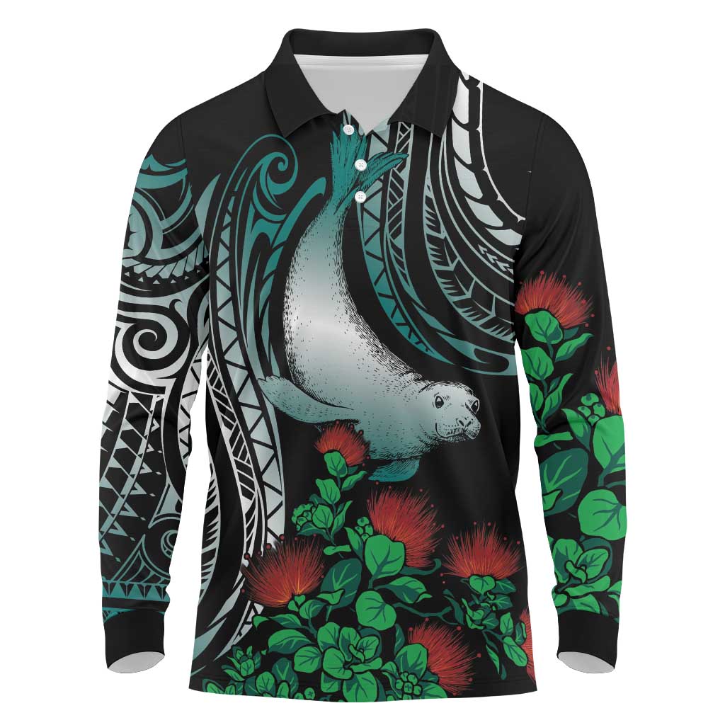 Aloha Hawaii Monk Seal Long Sleeve Polo Shirt Mix Ohia Lehua