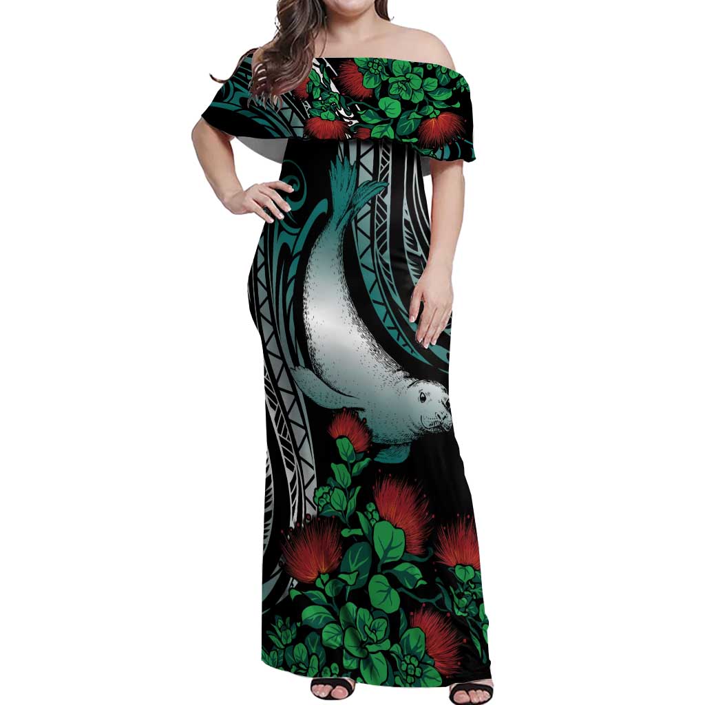 Aloha Hawaii Monk Seal Off Shoulder Maxi Dress Mix Ohia Lehua