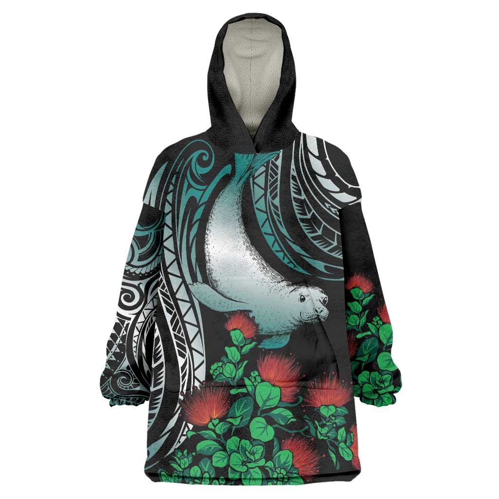 Aloha Hawaii Monk Seal Wearable Blanket Hoodie Mix Ohia Lehua LT7 One Size Teal - Polynesian Pride