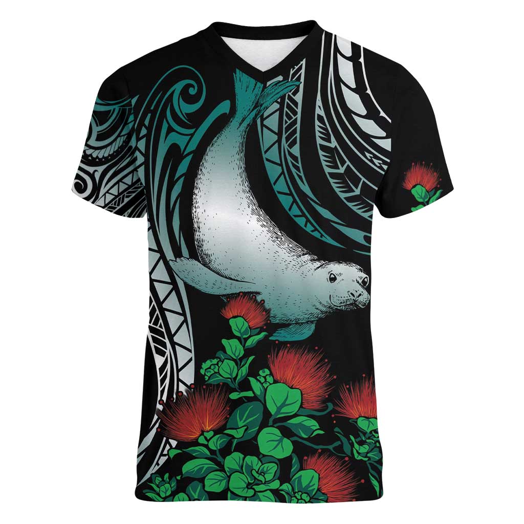 Aloha Hawaii Monk Seal Women V-Neck T-Shirt Mix Ohia Lehua LT7 Female Teal - Polynesian Pride