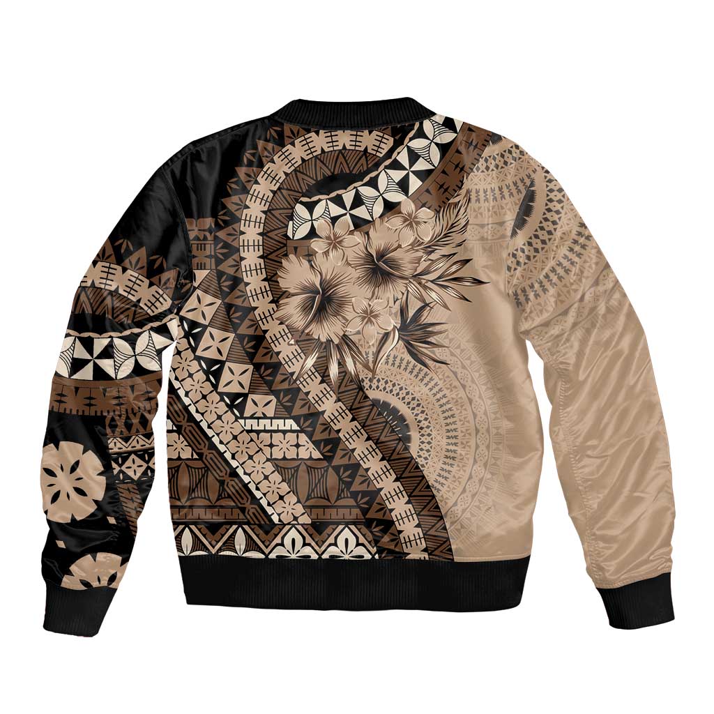 Bula Fiji Bomber Jacket Mocha Brown Kaivity Masi Tapa LT7 - Polynesian Pride