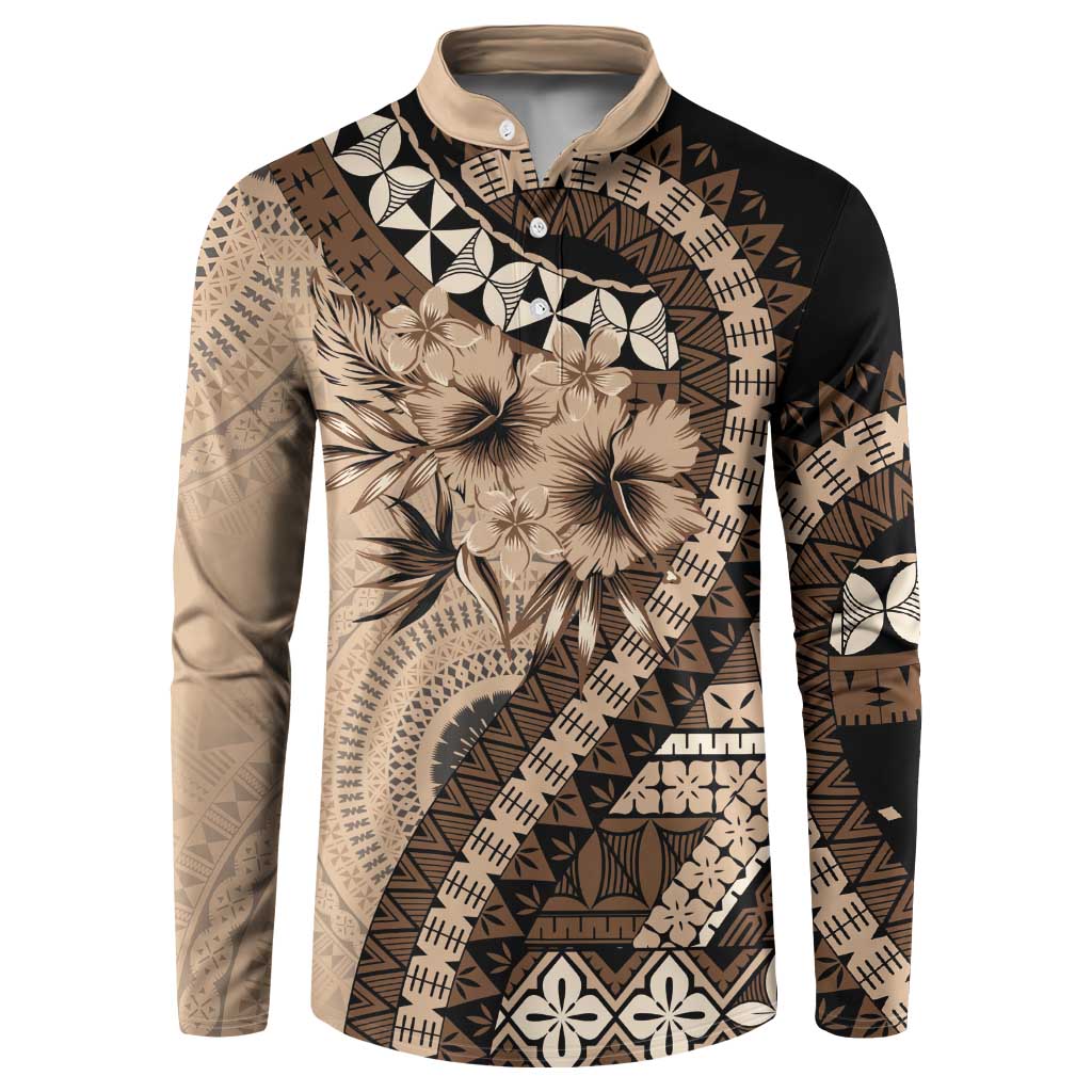 Bula Fiji Button Sweatshirt Mocha Brown Kaivity Masi Tapa LT7 Brown - Polynesian Pride