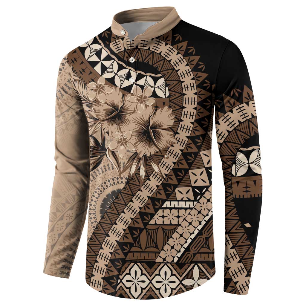 Bula Fiji Button Sweatshirt Mocha Brown Kaivity Masi Tapa LT7 - Polynesian Pride
