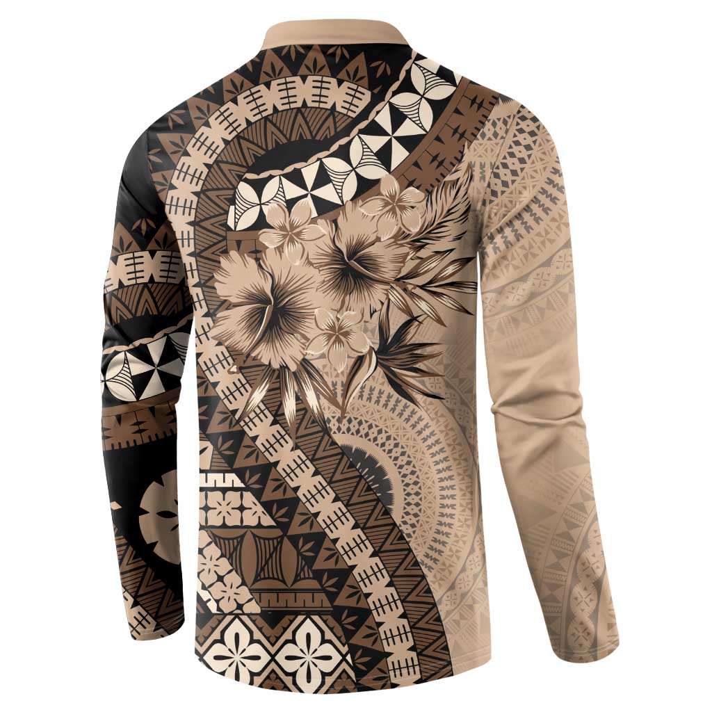 Bula Fiji Button Sweatshirt Mocha Brown Kaivity Masi Tapa LT7 - Polynesian Pride