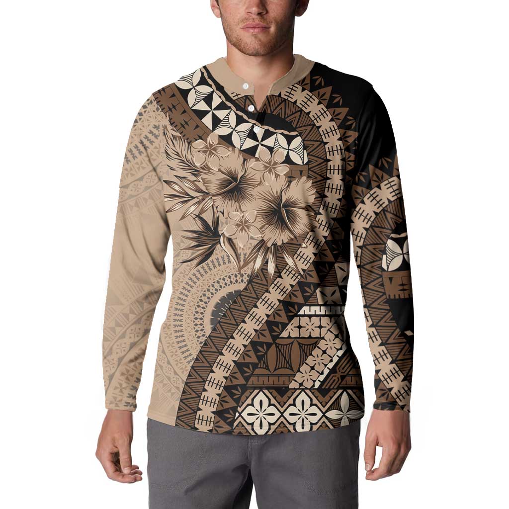 Bula Fiji Button Sweatshirt Mocha Brown Kaivity Masi Tapa LT7 - Polynesian Pride