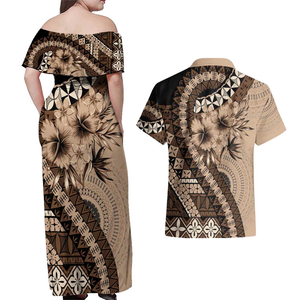 Bula Fiji Couples Matching Off Shoulder Maxi Dress and Hawaiian Shirt Mocha Brown Kaivity Masi Tapa