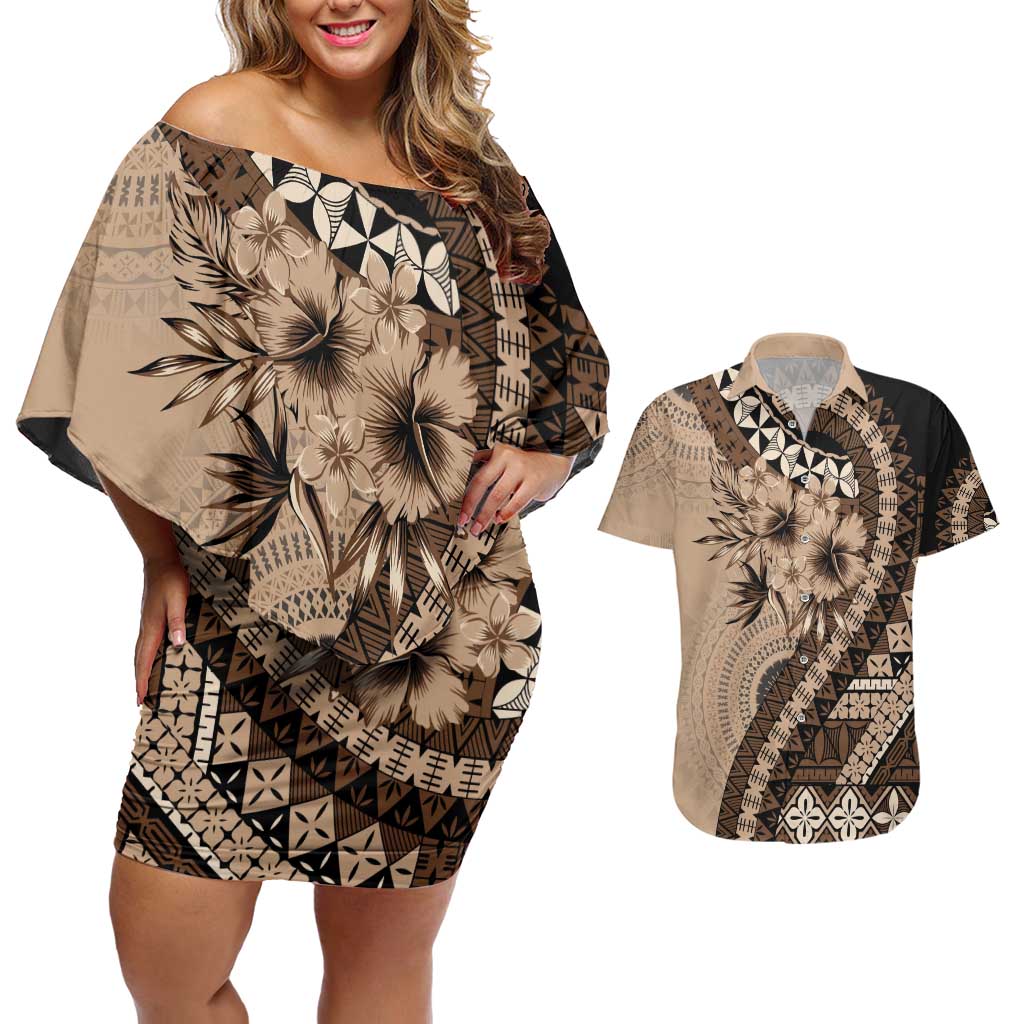 Bula Fiji Couples Matching Off Shoulder Short Dress and Hawaiian Shirt Mocha Brown Kaivity Masi Tapa
