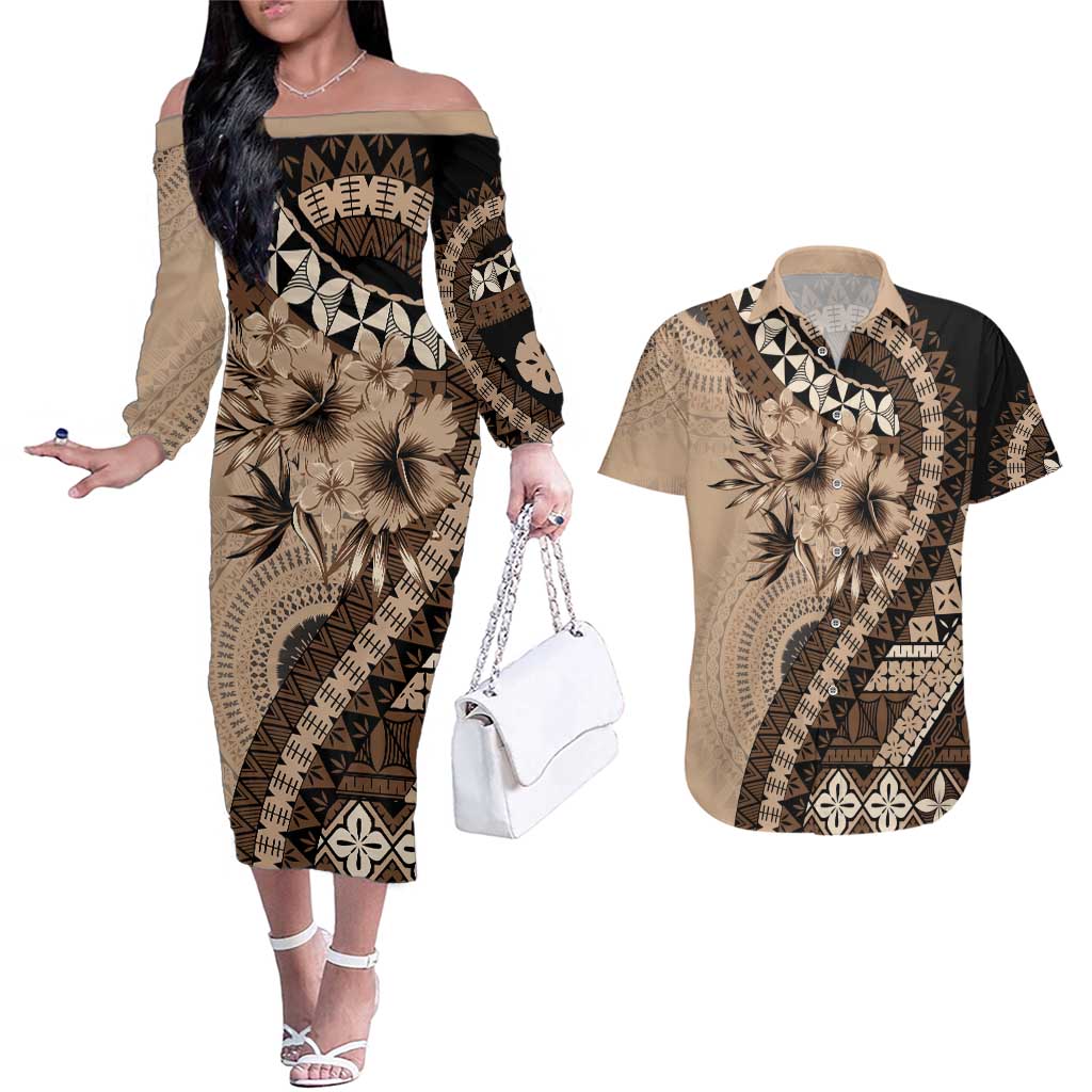 Bula Fiji Couples Matching Off The Shoulder Long Sleeve Dress and Hawaiian Shirt Mocha Brown Kaivity Masi Tapa