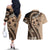 Bula Fiji Couples Matching Off The Shoulder Long Sleeve Dress and Hawaiian Shirt Mocha Brown Kaivity Masi Tapa