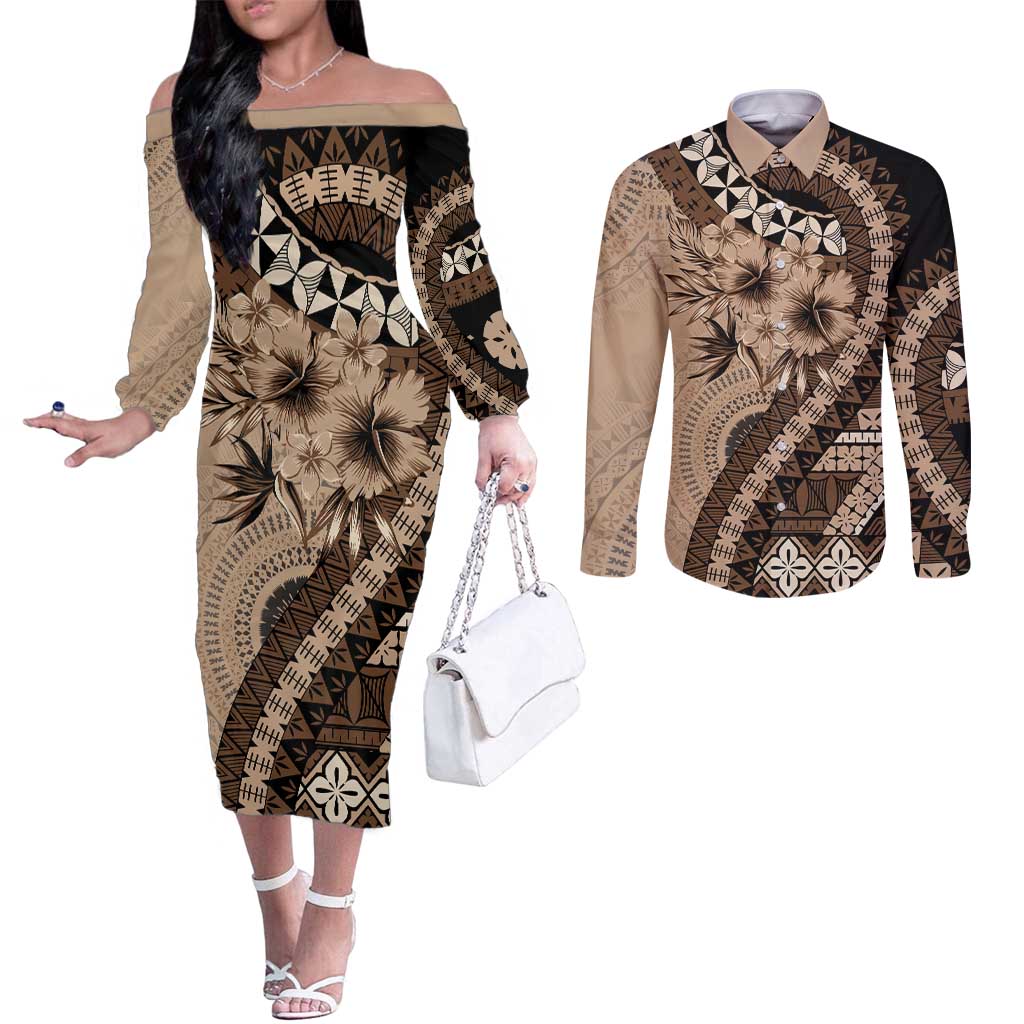 Bula Fiji Couples Matching Off The Shoulder Long Sleeve Dress and Long Sleeve Button Shirt Mocha Brown Kaivity Masi Tapa