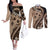 Bula Fiji Couples Matching Off The Shoulder Long Sleeve Dress and Long Sleeve Button Shirt Mocha Brown Kaivity Masi Tapa