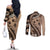Bula Fiji Couples Matching Off The Shoulder Long Sleeve Dress and Long Sleeve Button Shirt Mocha Brown Kaivity Masi Tapa
