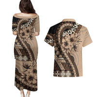 Bula Fiji Couples Matching Puletasi and Hawaiian Shirt Mocha Brown Kaivity Masi Tapa