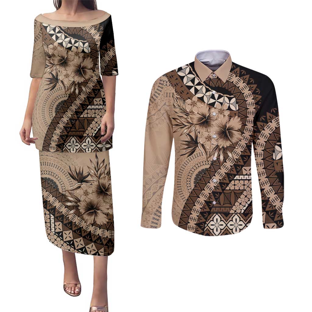 Bula Fiji Couples Matching Puletasi and Long Sleeve Button Shirt Mocha Brown Kaivity Masi Tapa