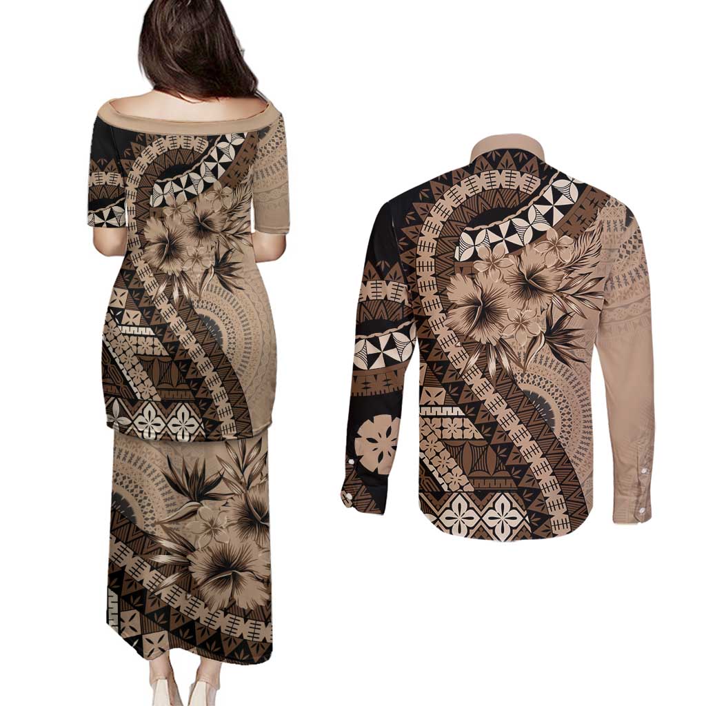 Bula Fiji Couples Matching Puletasi and Long Sleeve Button Shirt Mocha Brown Kaivity Masi Tapa LT7 - Polynesian Pride