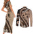 Bula Fiji Couples Matching Short Sleeve Bodycon Dress and Long Sleeve Button Shirt Mocha Brown Kaivity Masi Tapa