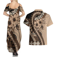Bula Fiji Couples Matching Summer Maxi Dress and Hawaiian Shirt Mocha Brown Kaivity Masi Tapa