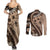 Bula Fiji Couples Matching Summer Maxi Dress and Long Sleeve Button Shirt Mocha Brown Kaivity Masi Tapa