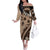 Bula Fiji Family Matching Off The Shoulder Long Sleeve Dress and Hawaiian Shirt Mocha Brown Kaivity Masi Tapa