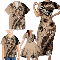 Bula Fiji Family Matching Short Sleeve Bodycon Dress and Hawaiian Shirt Mocha Brown Kaivity Masi Tapa