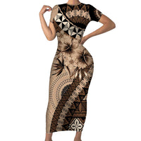 Bula Fiji Family Matching Short Sleeve Bodycon Dress and Hawaiian Shirt Mocha Brown Kaivity Masi Tapa