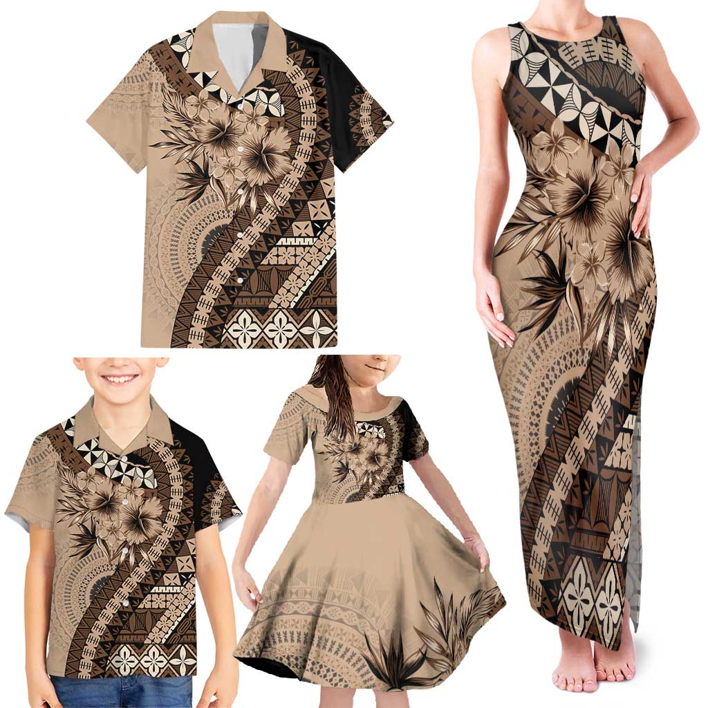 Bula Fiji Family Matching Tank Maxi Dress and Hawaiian Shirt Mocha Brown Kaivity Masi Tapa