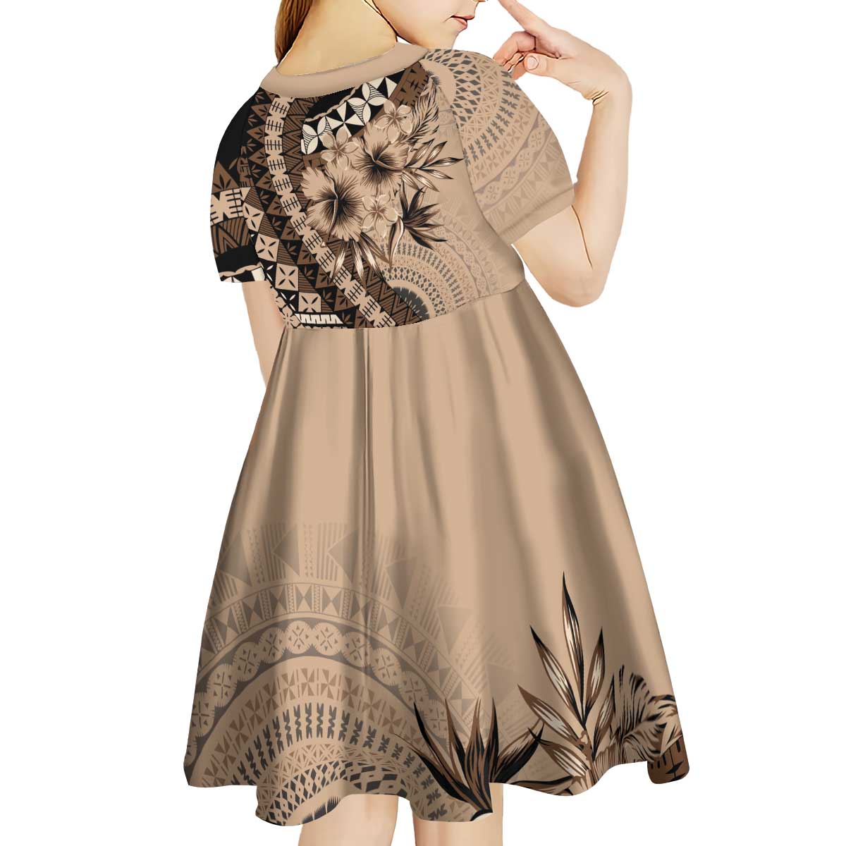 Bula Fiji Kid Short Sleeve Dress Mocha Brown Kaivity Masi Tapa