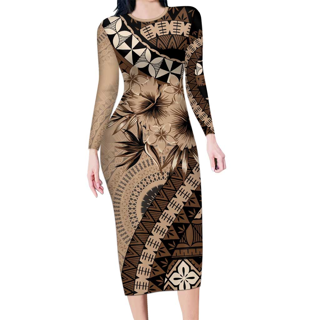 Bula Fiji Long Sleeve Bodycon Dress Mocha Brown Kaivity Masi Tapa