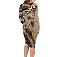 Bula Fiji Long Sleeve Bodycon Dress Mocha Brown Kaivity Masi Tapa