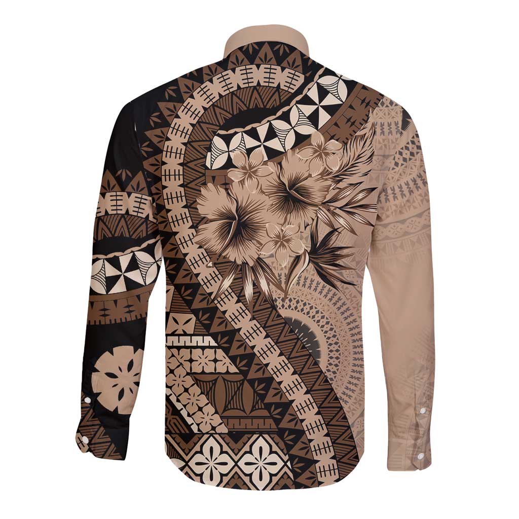 Bula Fiji Long Sleeve Button Shirt Mocha Brown Kaivity Masi Tapa LT7 - Polynesian Pride