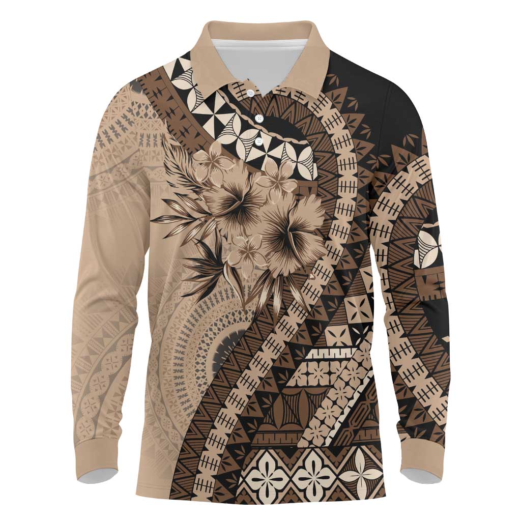 Bula Fiji Long Sleeve Polo Shirt Mocha Brown Kaivity Masi Tapa LT7 Brown - Polynesian Pride