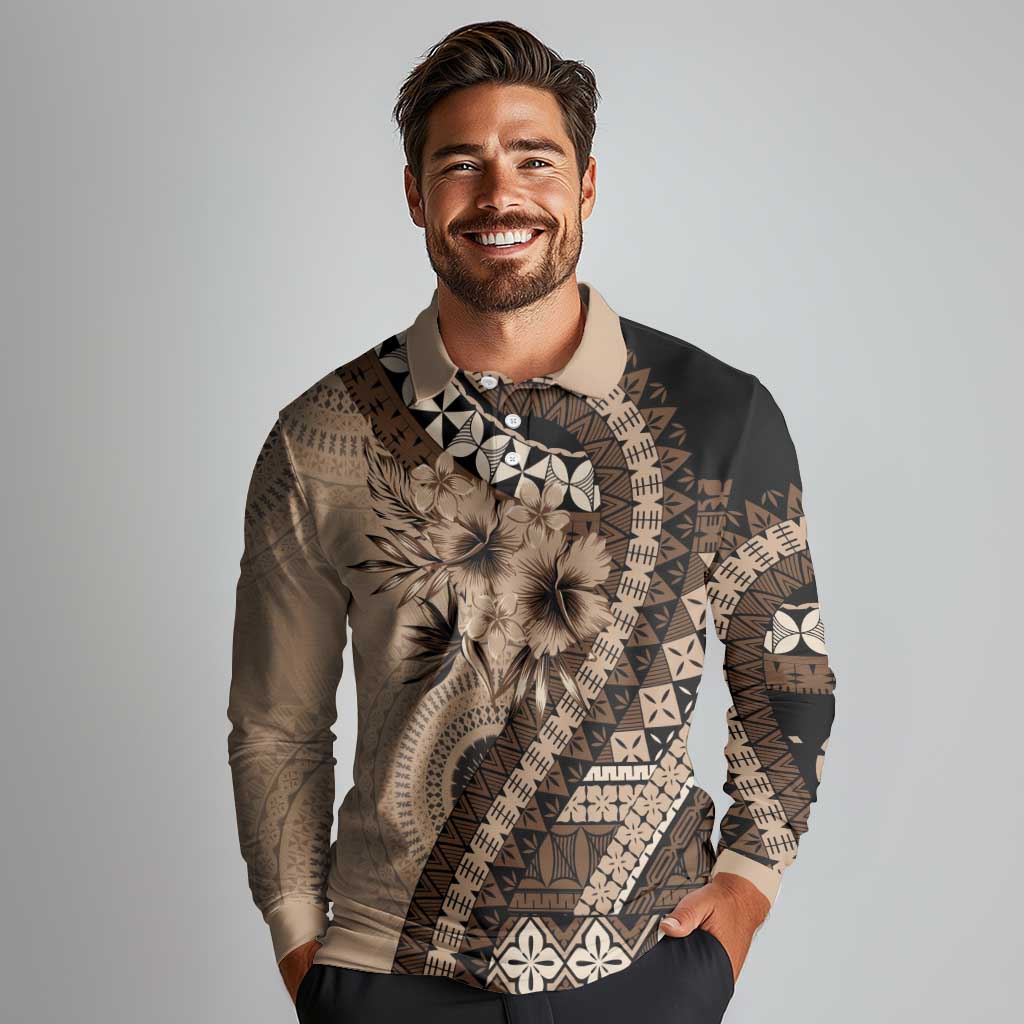 Bula Fiji Long Sleeve Polo Shirt Mocha Brown Kaivity Masi Tapa LT7 - Polynesian Pride