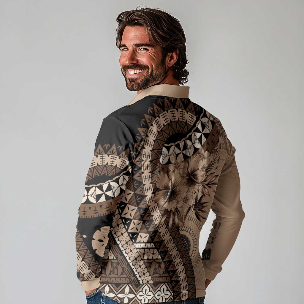 Bula Fiji Long Sleeve Polo Shirt Mocha Brown Kaivity Masi Tapa LT7 - Polynesian Pride
