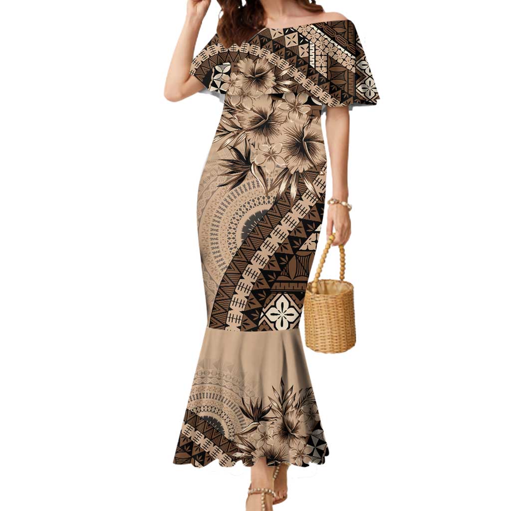Bula Fiji Mermaid Dress Mocha Brown Kaivity Masi Tapa