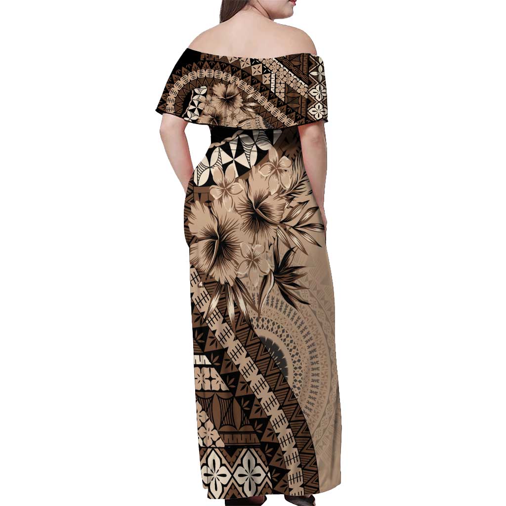 Bula Fiji Off Shoulder Maxi Dress Mocha Brown Kaivity Masi Tapa
