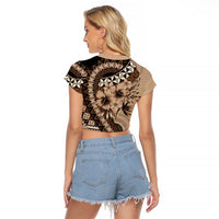 Bula Fiji Raglan Cropped T Shirt Mocha Brown Kaivity Masi Tapa LT7 - Polynesian Pride