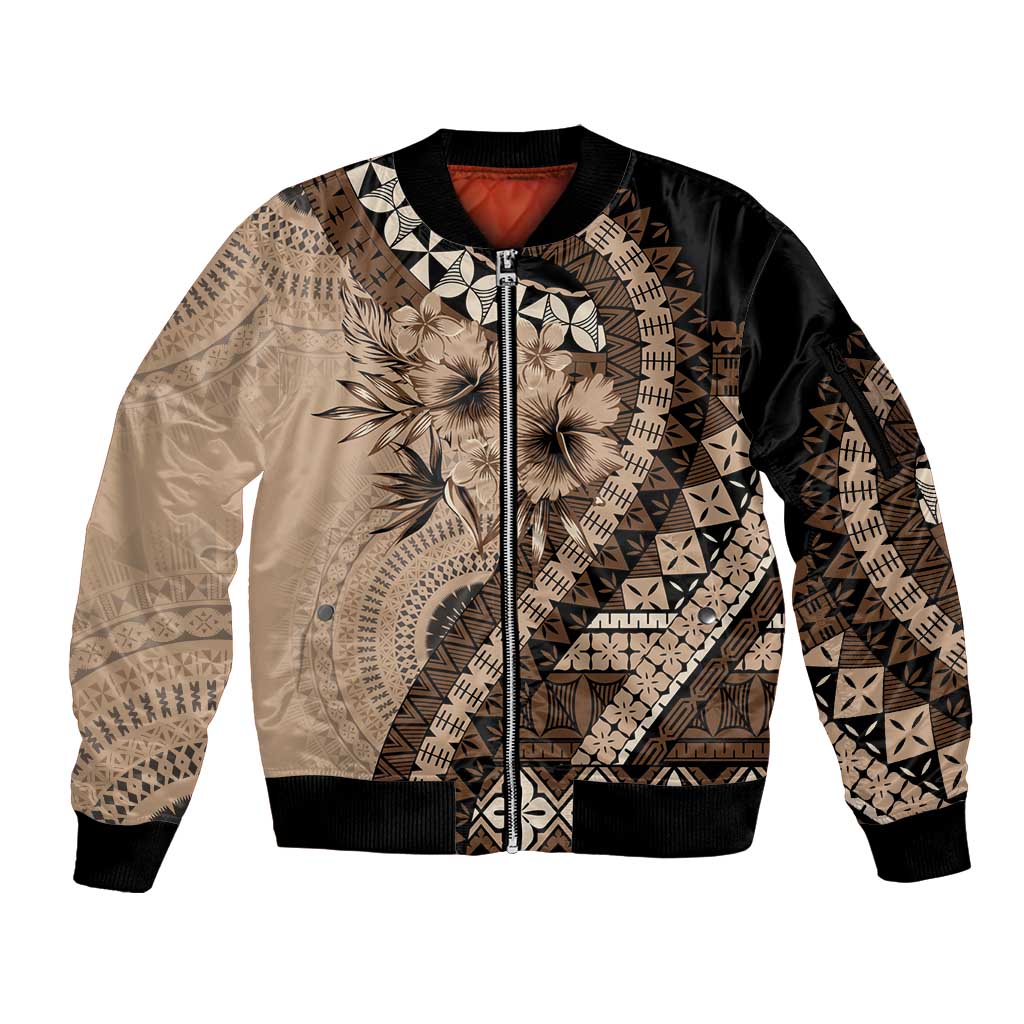 Bula Fiji Sleeve Zip Bomber Jacket Mocha Brown Kaivity Masi Tapa