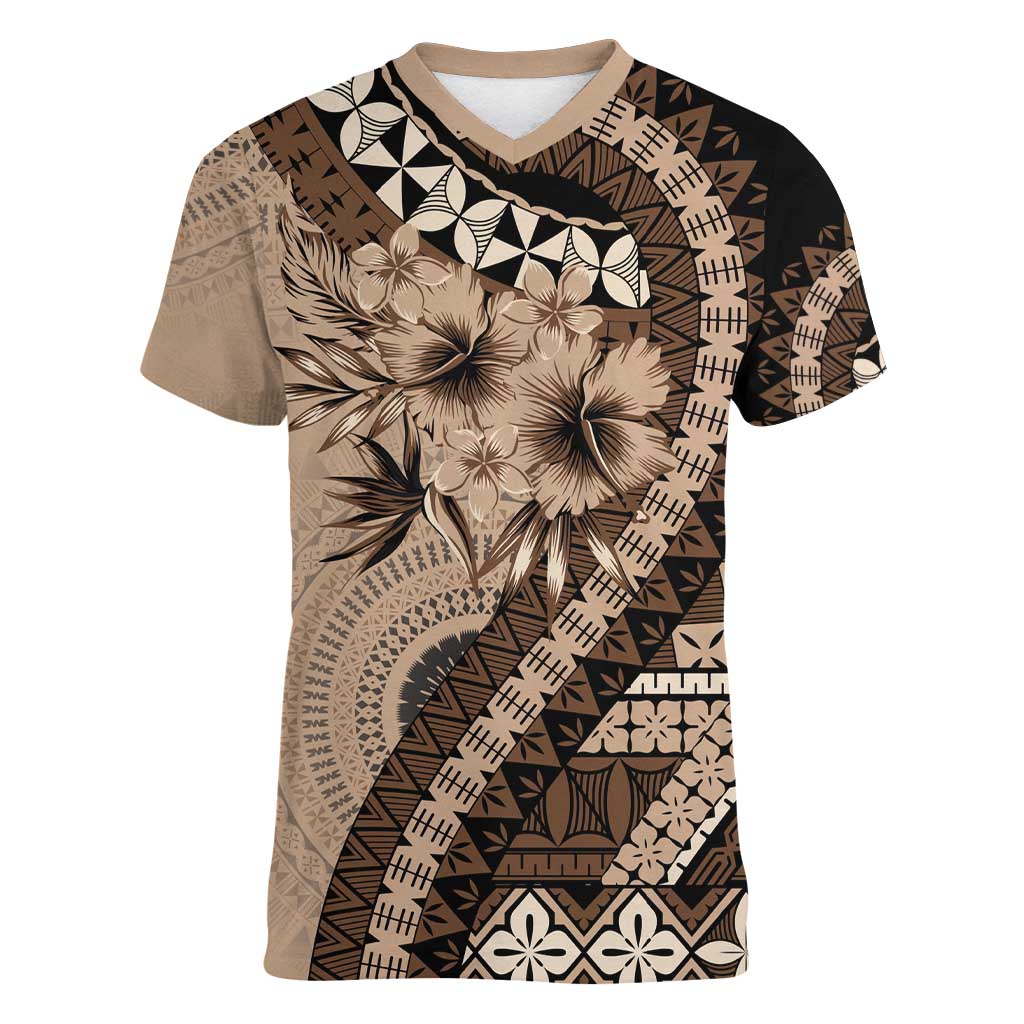 Bula Fiji Women V-Neck T-Shirt Mocha Brown Kaivity Masi Tapa
