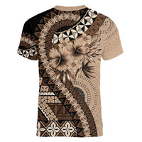 Bula Fiji Women V-Neck T-Shirt Mocha Brown Kaivity Masi Tapa