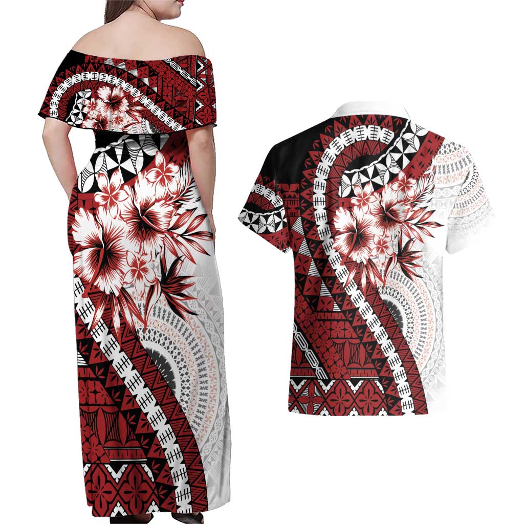 Bula Fiji Couples Matching Off Shoulder Maxi Dress and Hawaiian Shirt White Kaivity Masi Tapa