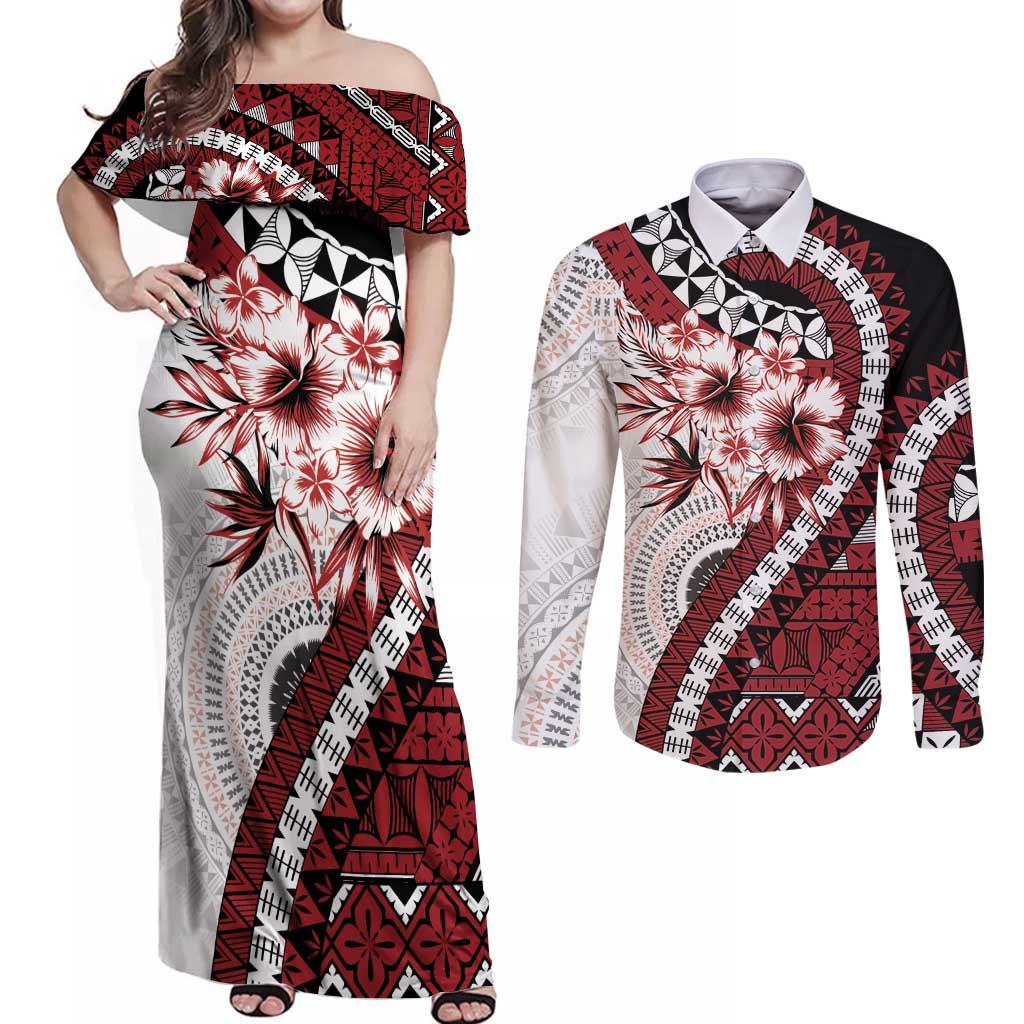 Bula Fiji Couples Matching Off Shoulder Maxi Dress and Long Sleeve Button Shirt White Kaivity Masi Tapa LT7 White - Polynesian Pride