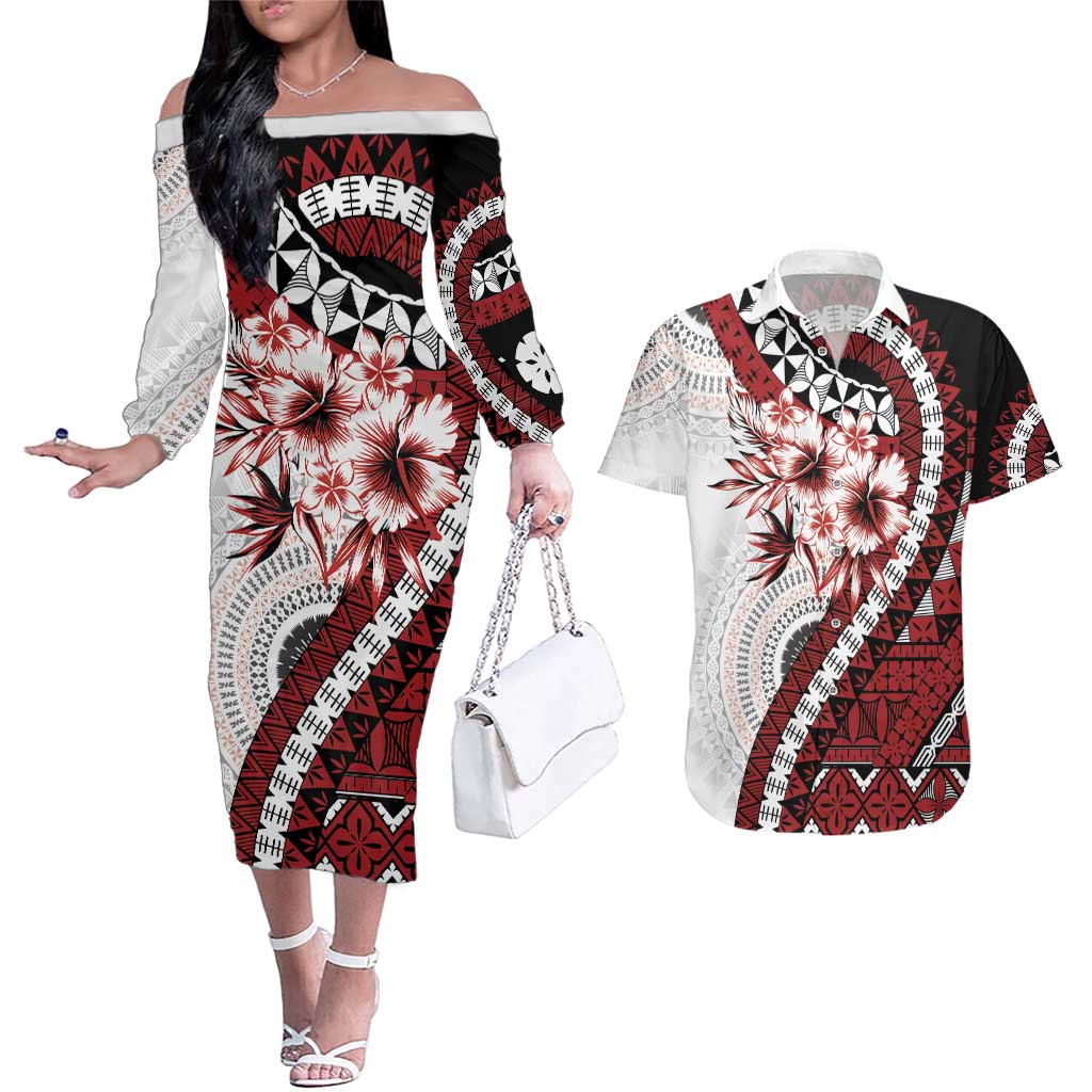 Bula Fiji Couples Matching Off The Shoulder Long Sleeve Dress and Hawaiian Shirt White Kaivity Masi Tapa