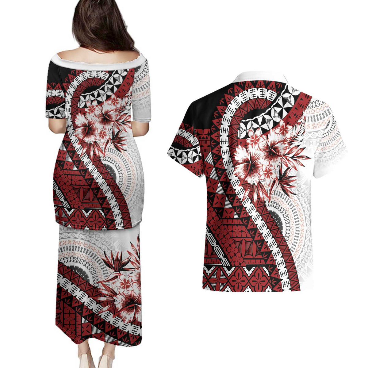 Bula Fiji Couples Matching Puletasi and Hawaiian Shirt White Kaivity Masi Tapa