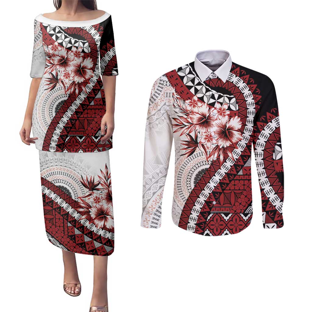Bula Fiji Couples Matching Puletasi and Long Sleeve Button Shirt White Kaivity Masi Tapa