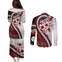 Bula Fiji Couples Matching Puletasi and Long Sleeve Button Shirt White Kaivity Masi Tapa LT7 - Polynesian Pride