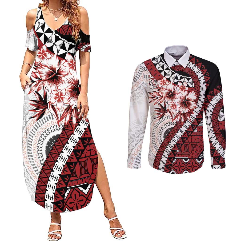 Bula Fiji Couples Matching Summer Maxi Dress and Long Sleeve Button Shirt White Kaivity Masi Tapa LT7 White - Polynesian Pride
