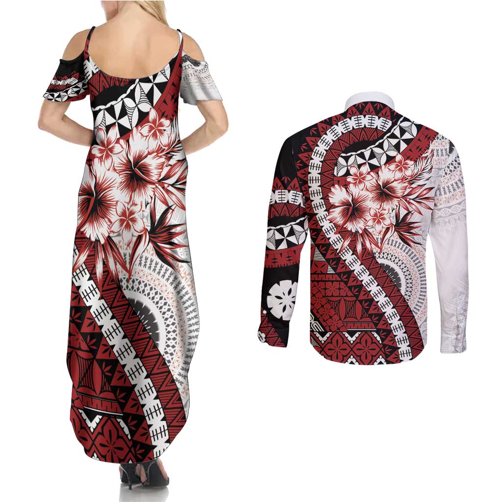 Bula Fiji Couples Matching Summer Maxi Dress and Long Sleeve Button Shirt White Kaivity Masi Tapa LT7 - Polynesian Pride