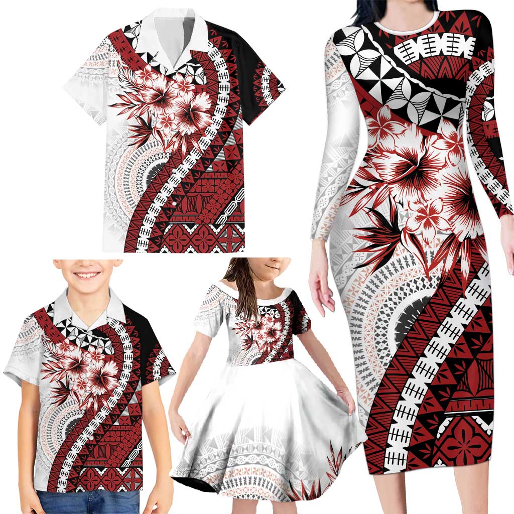 Bula Fiji Family Matching Long Sleeve Bodycon Dress and Hawaiian Shirt White Kaivity Masi Tapa